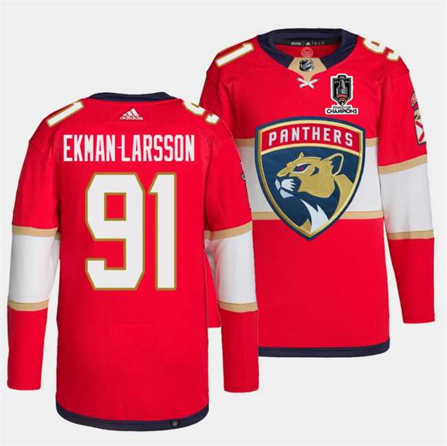 Mens Florida Panthers #91 Oliver Ekman-Larsson Red Home 2024 Stanley Cup Champions Stitched Jersey Dzhi->florida panthers->NHL Jersey